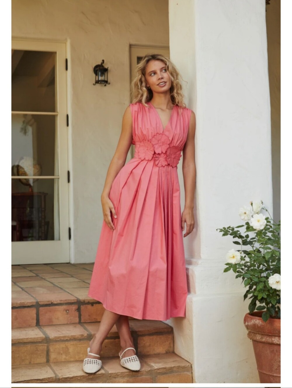 LUCY PARIS | Ilona Cotton Midi Dress in Coral  with Floral Applique Belt Size 2X